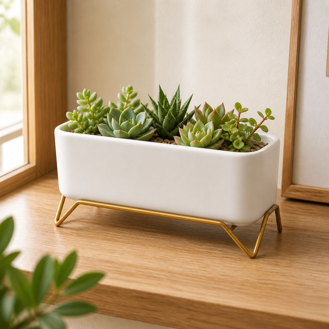 Cozy Haven Small White Succulent Planter Pots with Gold Stands lifestyle image 3