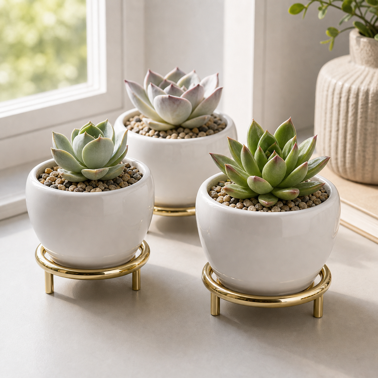 Cozy Haven Small White Succulent Planter Pots with Gold Stands lifestyle image 4 for Oval