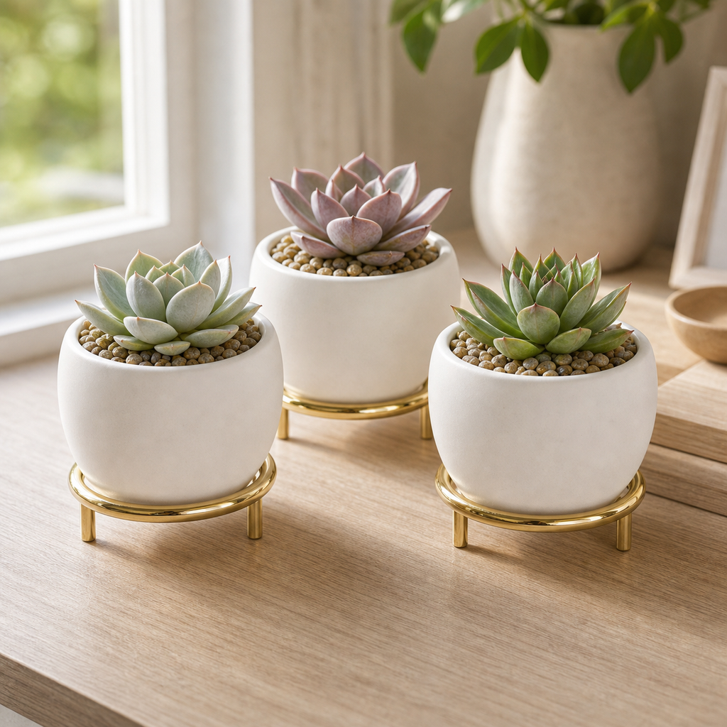 Cozy Haven Small White Succulent Planter Pots with Gold Stands lifestyle image 5