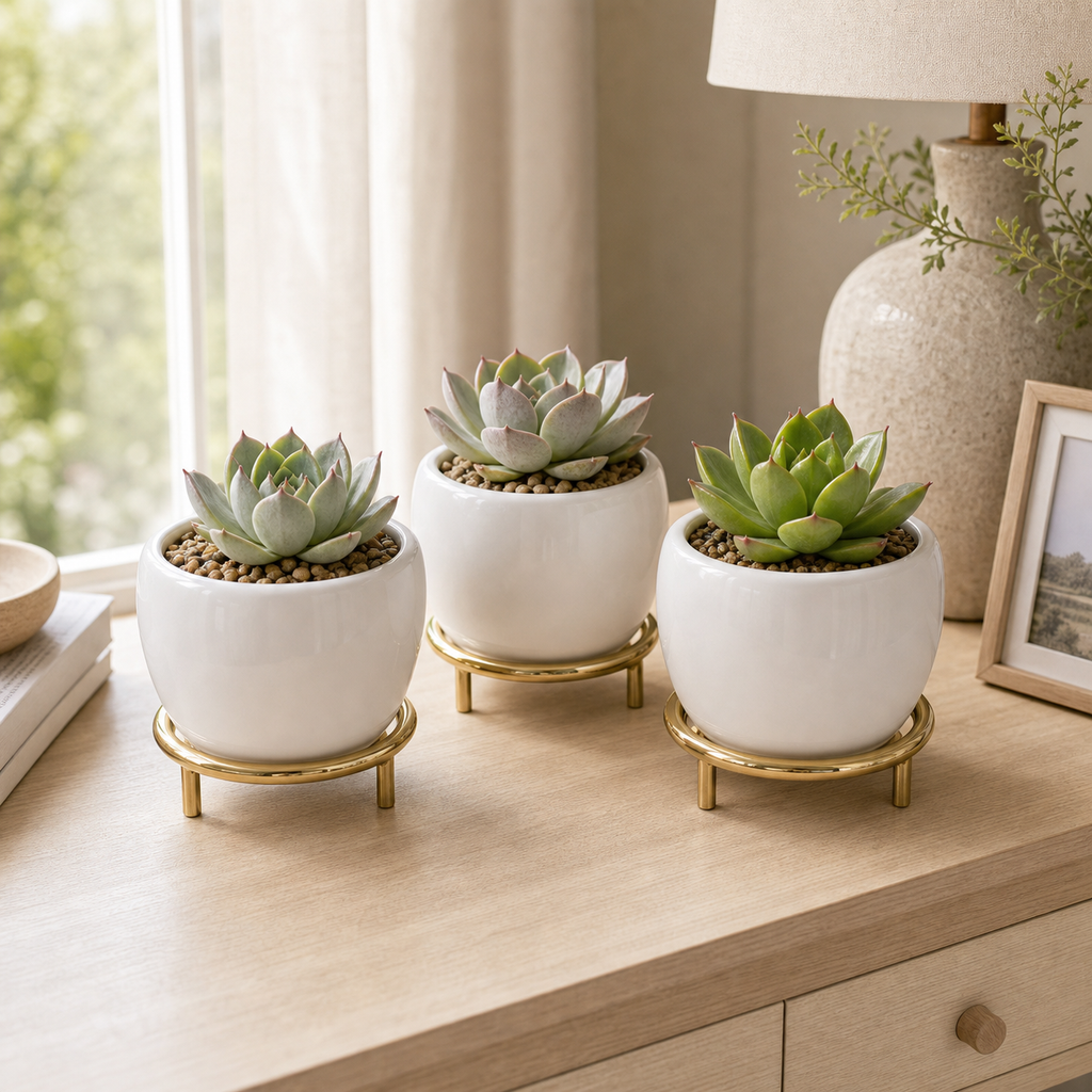 Cozy Haven Small White Succulent Planter Pots with Gold Stands lifestyle image 6