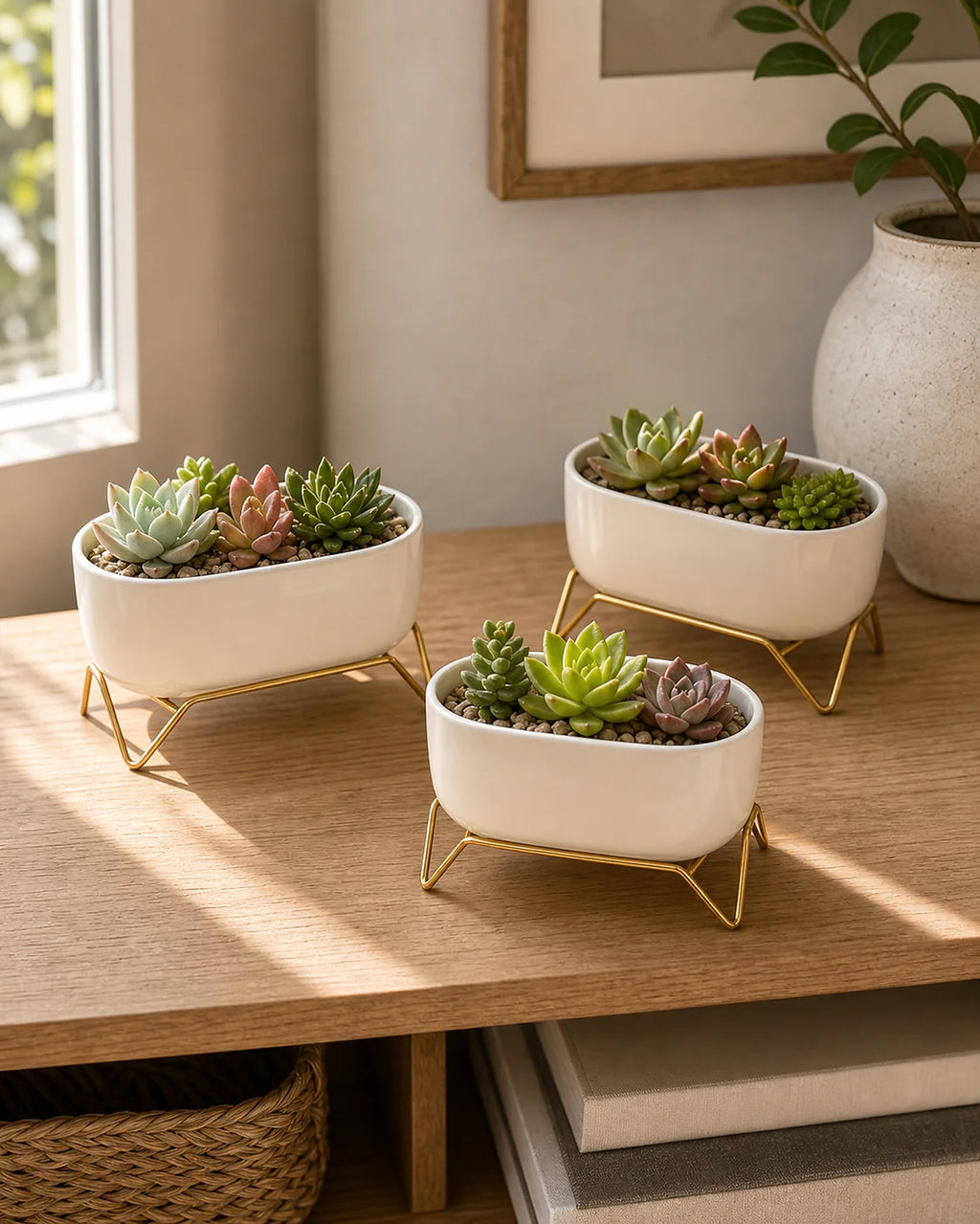 Cozy Haven Small White Succulent Planter Pots with Gold Stands lifestyle image 2