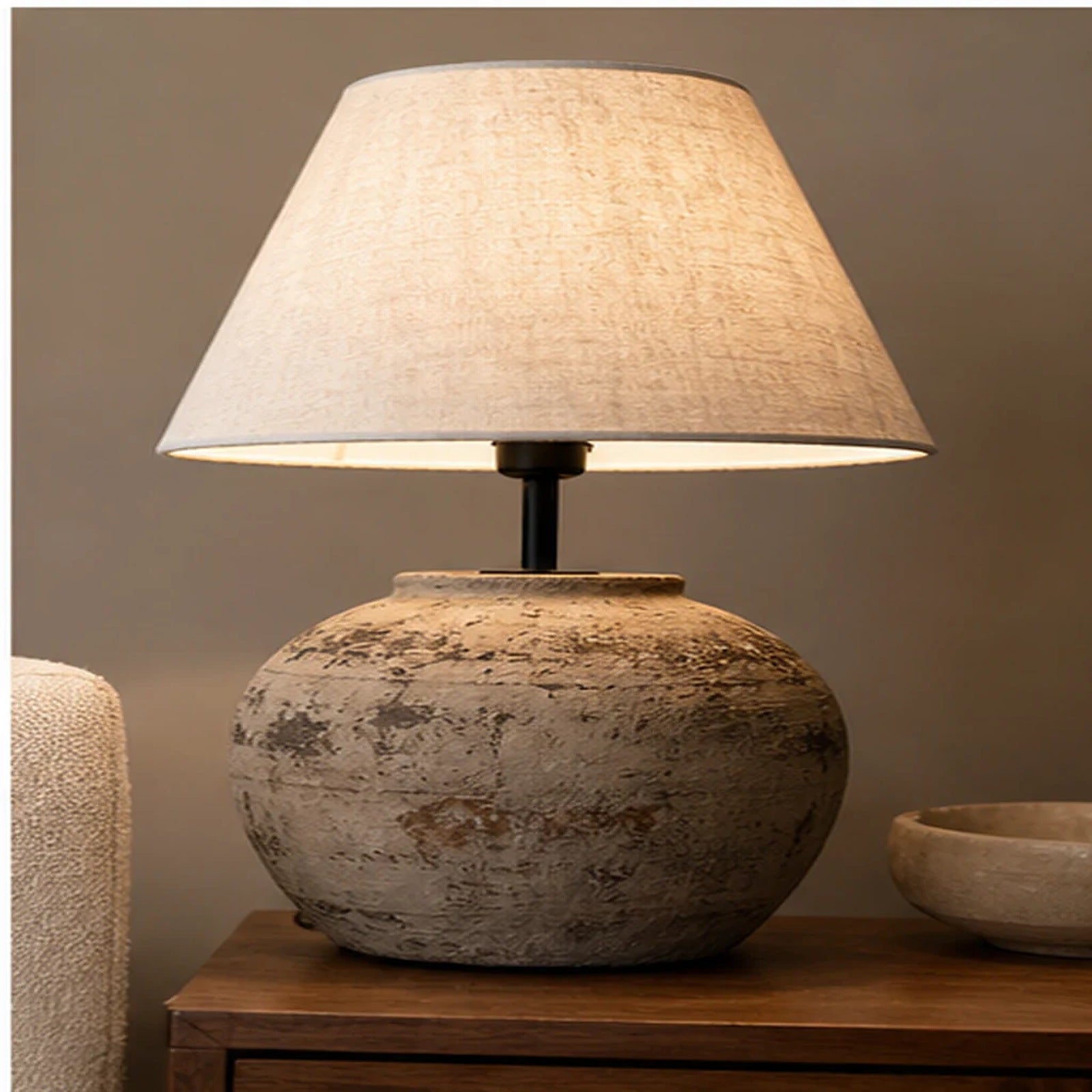 Cozy Haven Ceramic Linen Shade Table Lamp Collection lifestyle image 1 for Round Rustic Ceramic Base