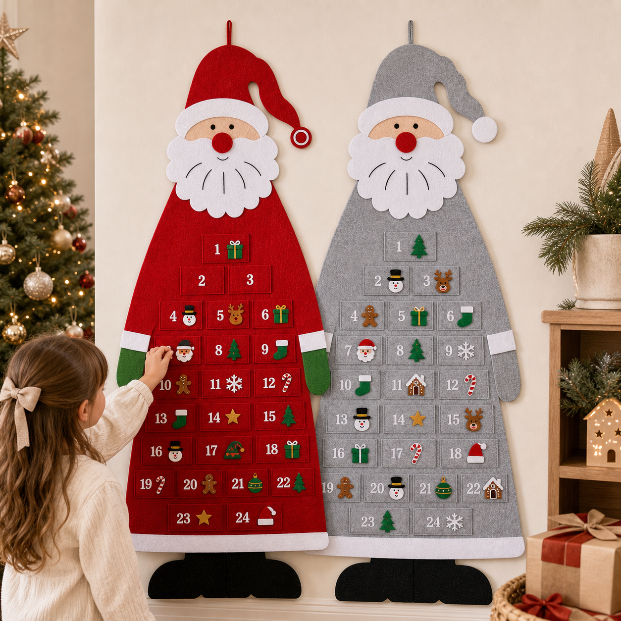 Cozy Haven Felt Santa Advent Calendar Wall Hanging styled wall decor view 3 for Gray and Red / 2 Calendars; Gray and Red / 4 Calendars