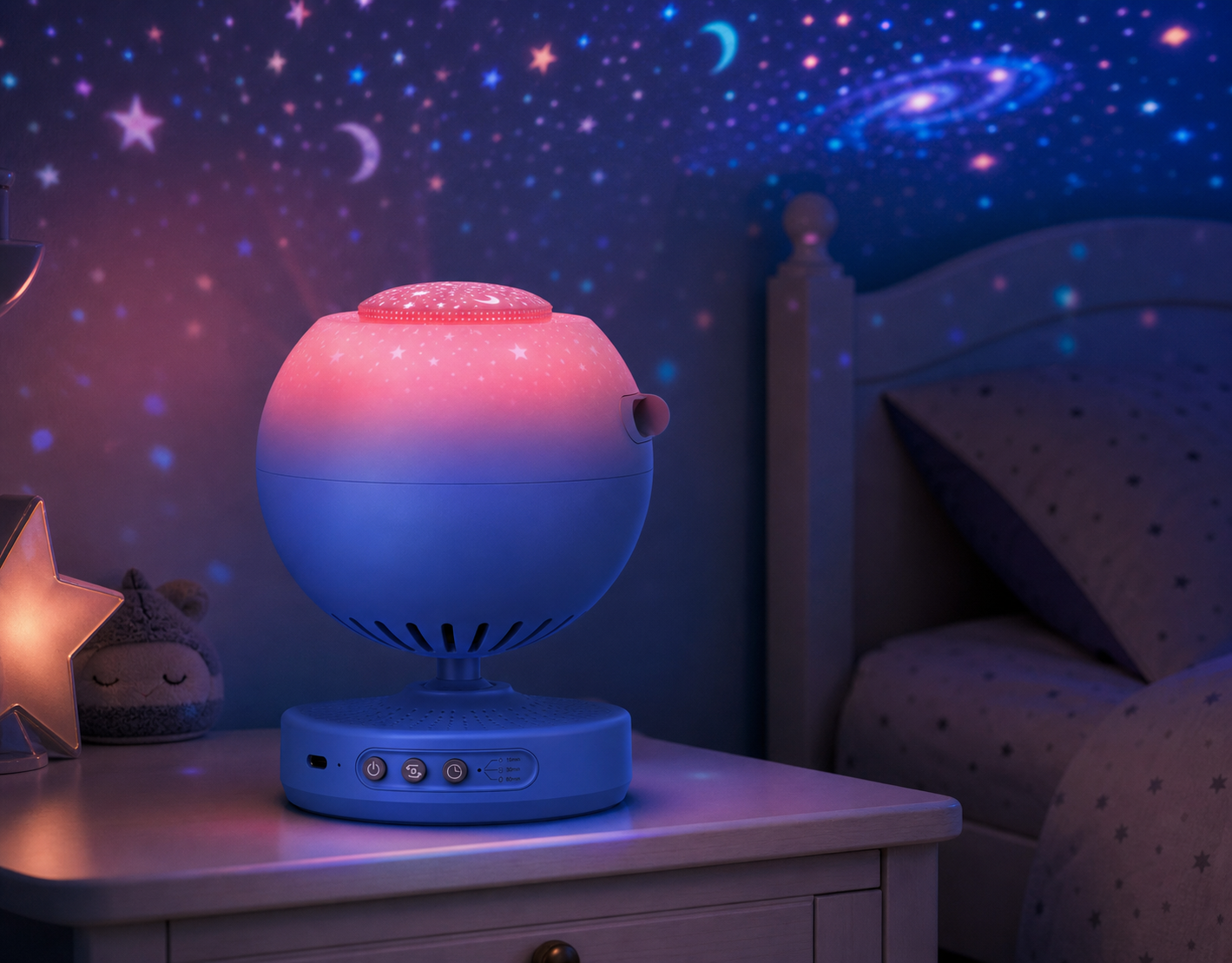 Cozy Haven Blue-Pink Galaxy Projector Night Light in a customer lifestyle scene