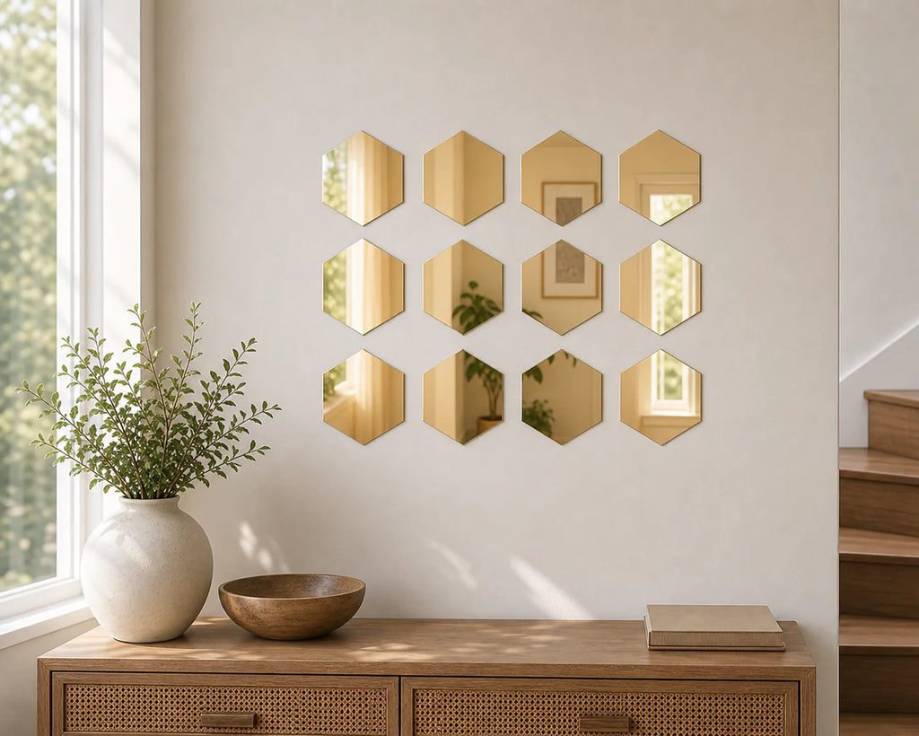 Cozy Haven Gold or Silver Hexagon Mirror Wall Sticker Set lifestyle image 6