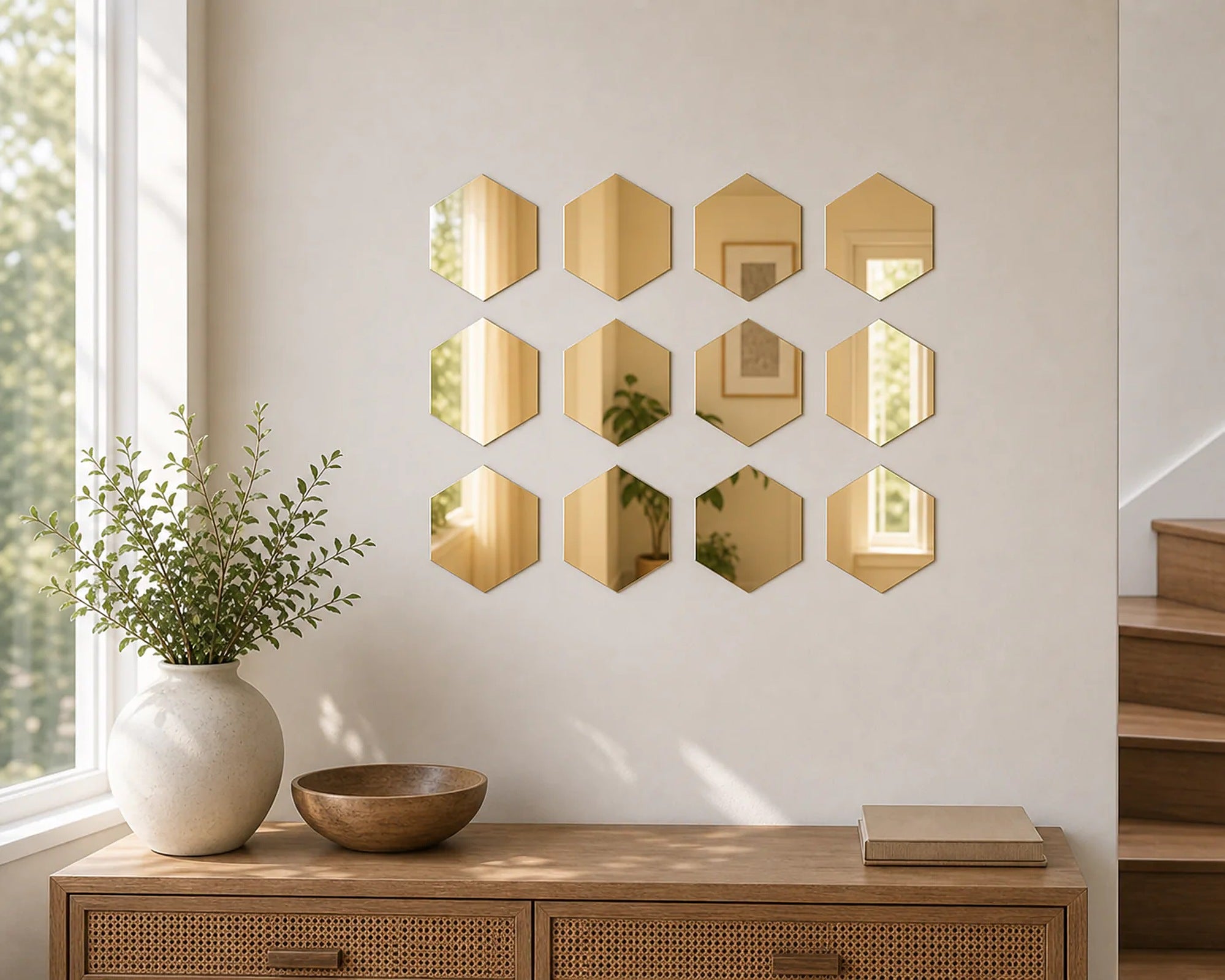 Cozy Haven Gold or Silver Hexagon Mirror Wall Sticker Set lifestyle image 6