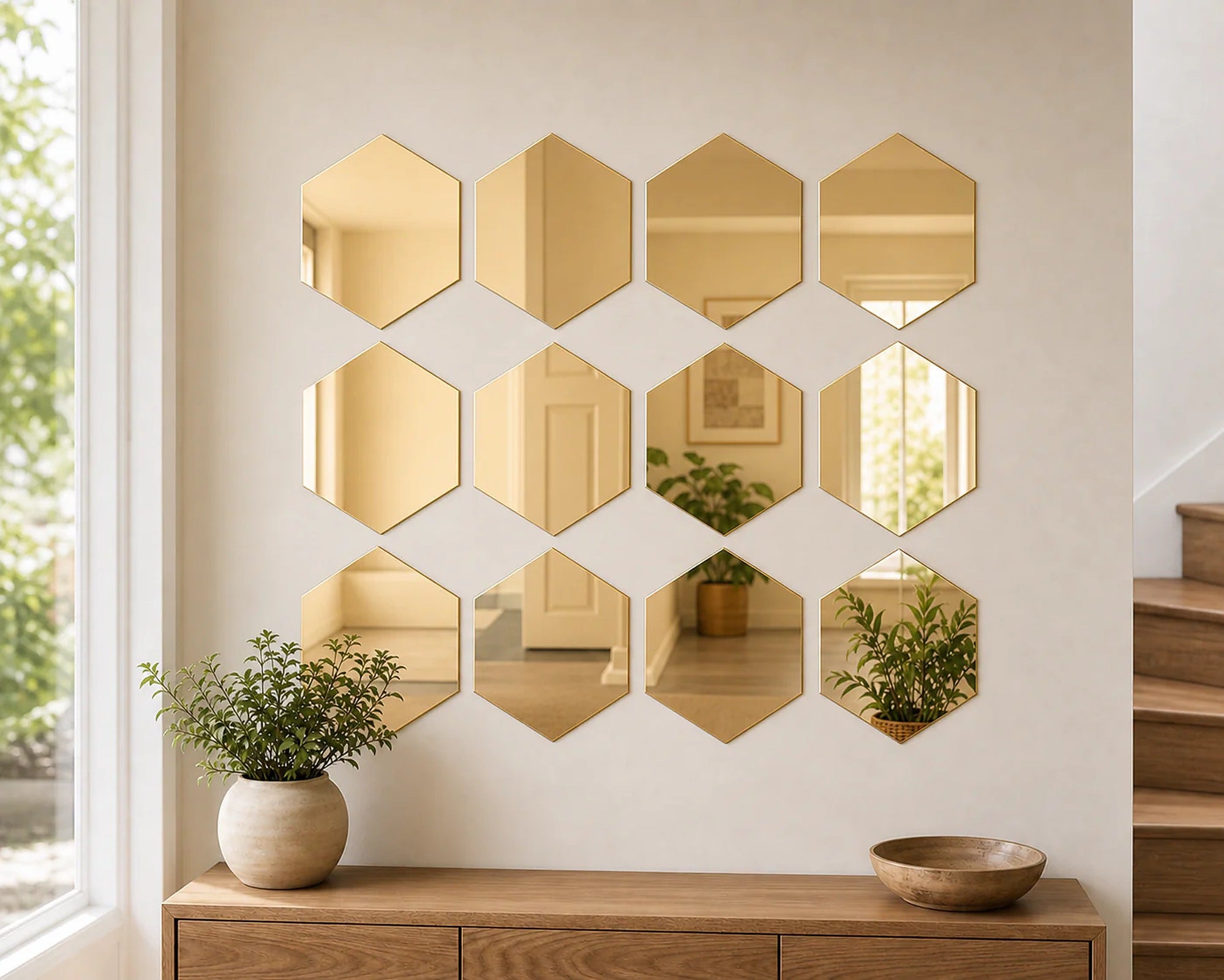 Cozy Haven Gold or Silver Hexagon Mirror Wall Sticker Set lifestyle image 7