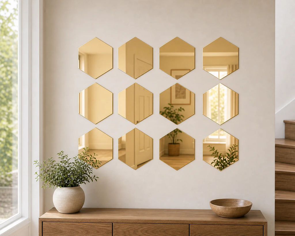 Cozy Haven Gold or Silver Hexagon Mirror Wall Sticker Set lifestyle image 8