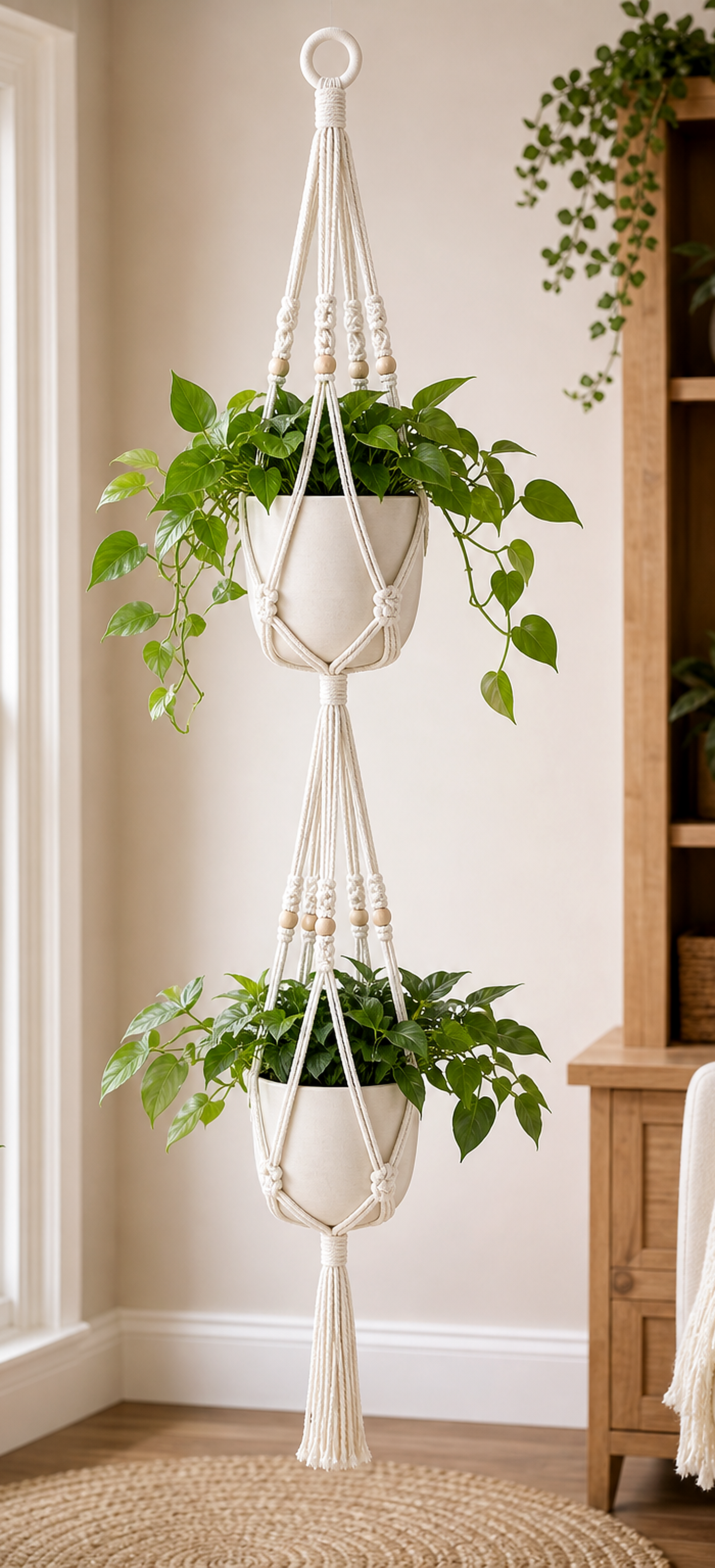 Cozy Haven Tiered Macrame Plant Hanger - Handmade Hanging Flower Pot Holder - 2 Tier