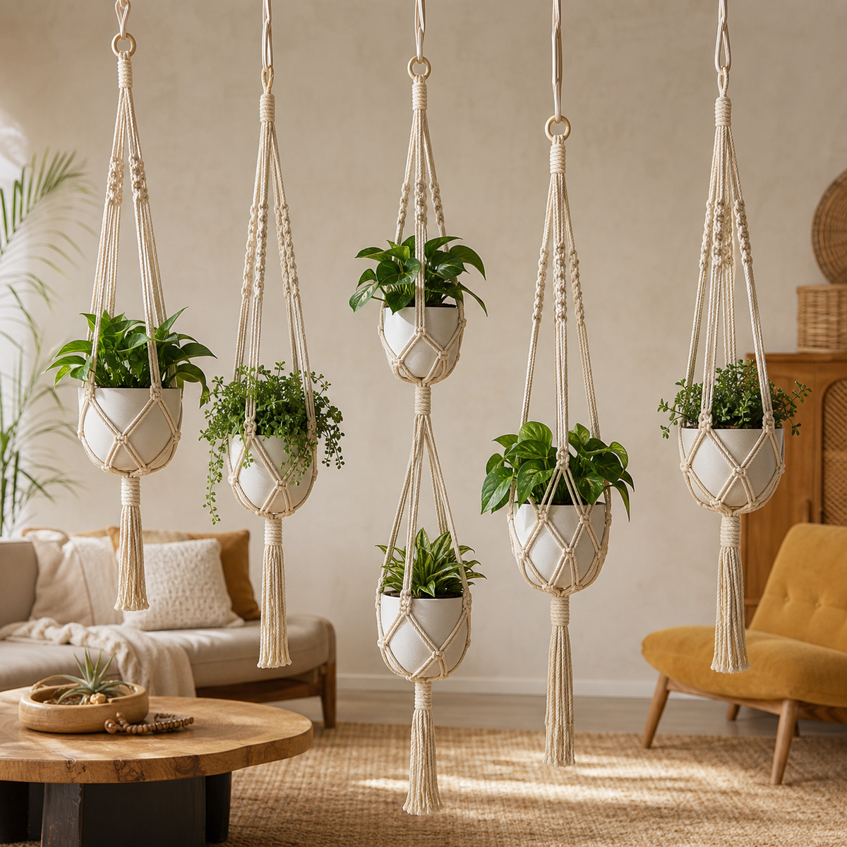 Cozy Haven Macrame Plant Hangers Set - 5 Piece Handwoven Bohemian with Hooks styled in a home setting