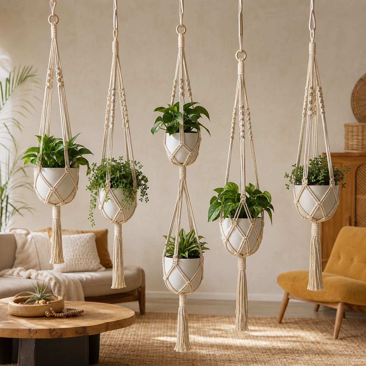 Cozy Haven Macrame Plant Hangers Set - 5 Piece Handwoven Bohemian with Hooks - Five-piece cream macrame plant hanger set
