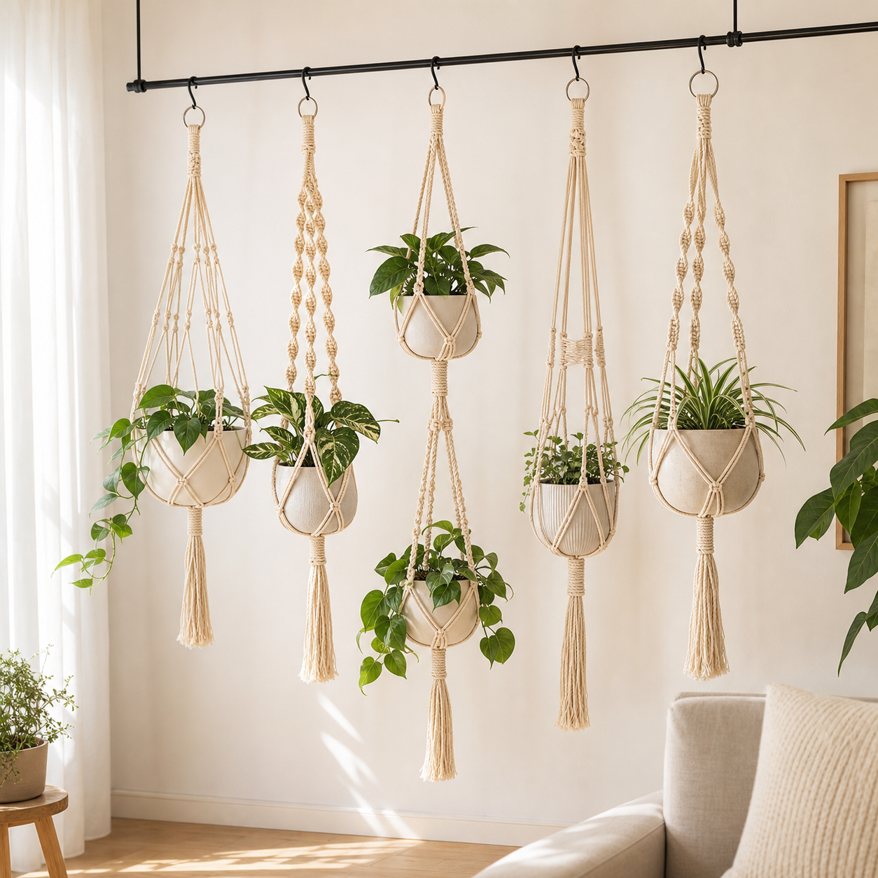 Cozy Haven Macrame Plant Hangers Set - 5 Piece Handwoven Bohemian with Hooks - Five macrame plant hangers in living room