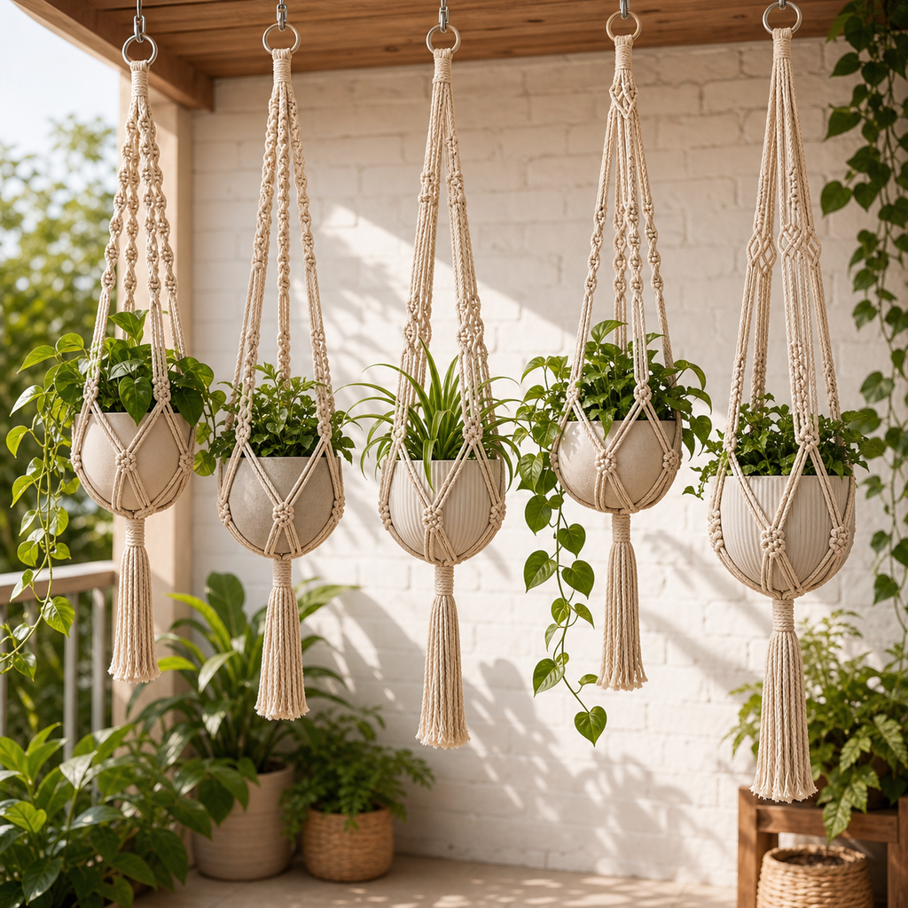 Cozy Haven Macrame Plant Hangers Set - 5 Piece Handwoven Bohemian with Hooks - Neutral macrame plant hanger set with plants