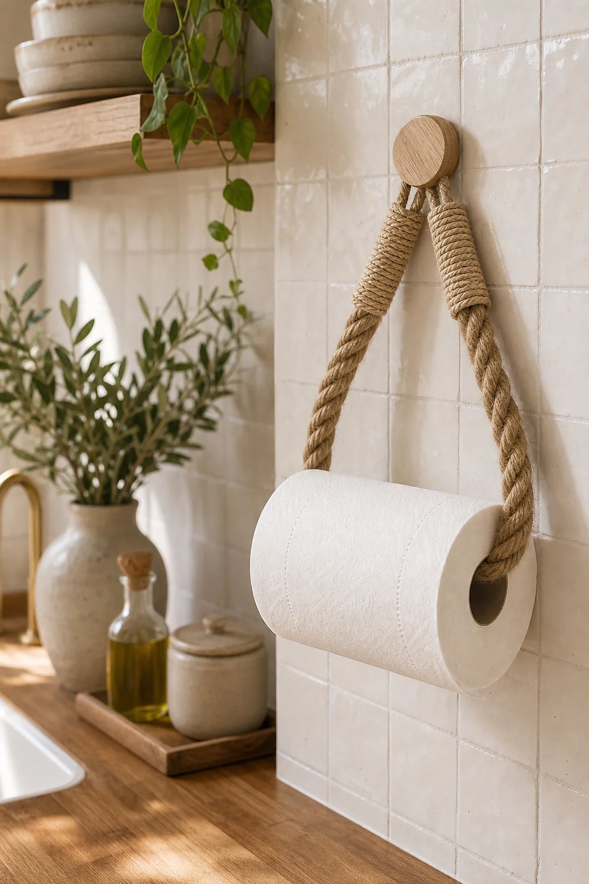Cozy Haven Rope Wall Toilet Paper Holder styled in a home setting
