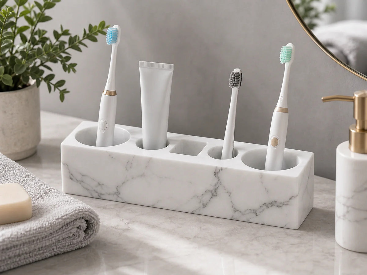 Cozy Haven Marble Resin Bathroom Accessories Collection styled in a home setting