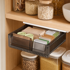 Cozy Haven Black-M pull-out cabinet drawer organizer mounted under a pantry shelf