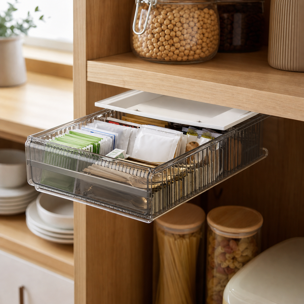 Cozy Haven Transparent-M pull-out cabinet drawer organizer mounted under a pantry shelf