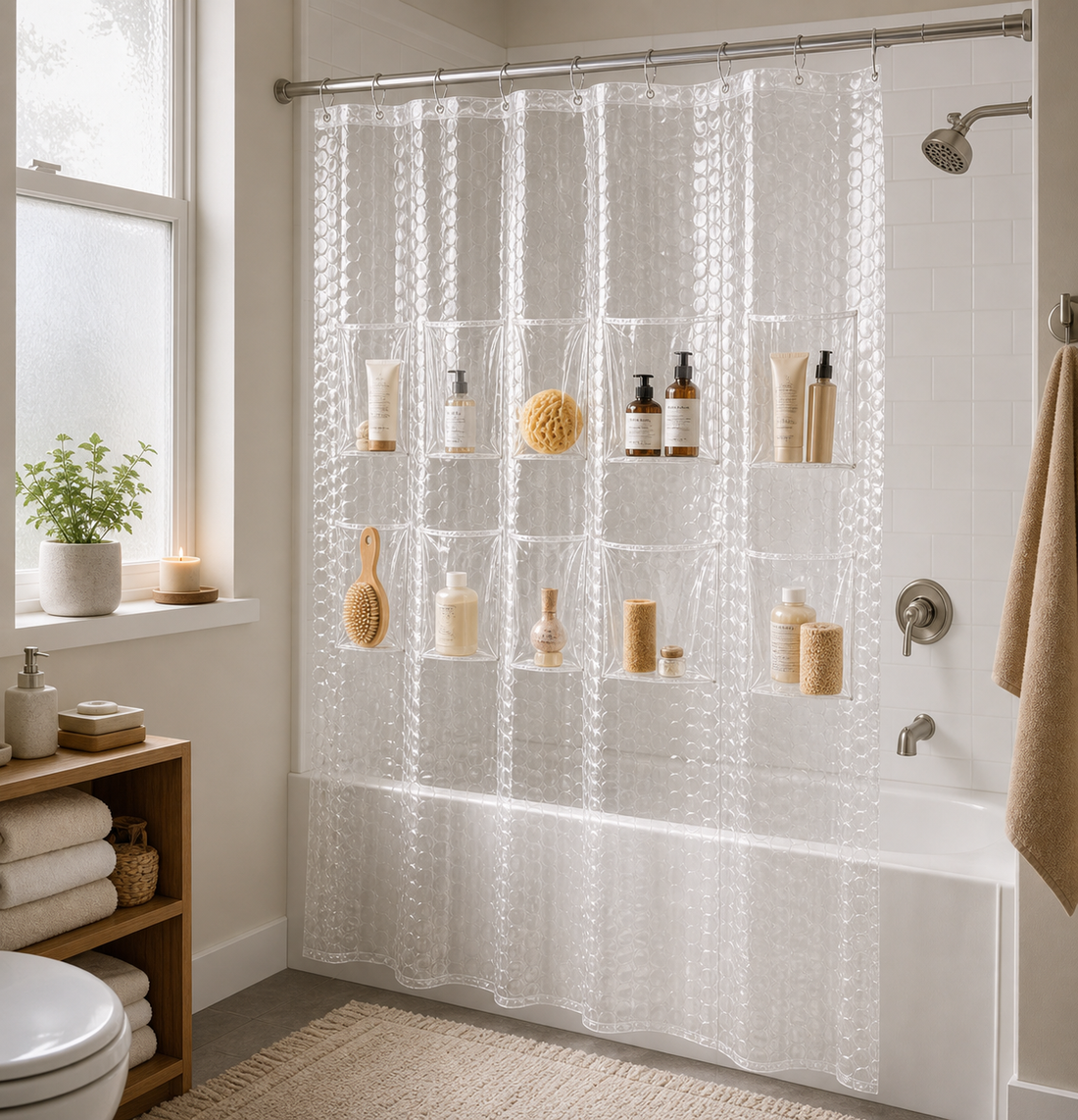 Cozy Haven PEVA Shower Curtain Liner with Storage Pockets