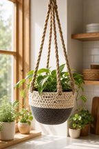 Two-tone jute rope macrame hanging planter basket with trailing plant