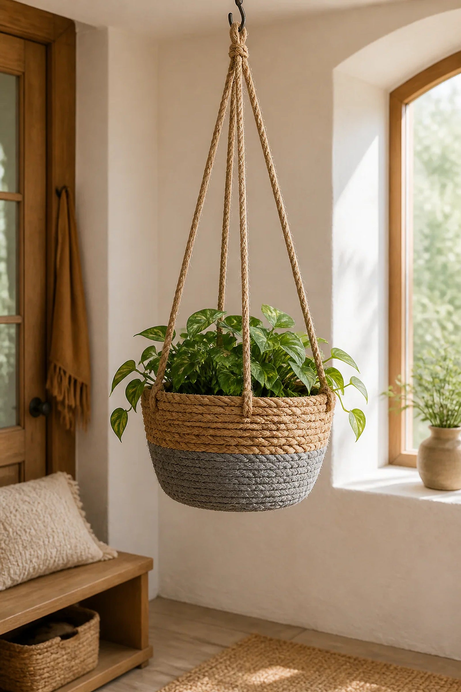 Cozy Haven Jute Rope Macrame Plant Hanger lifestyle image 1 for Gray
