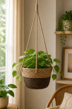 Coffee jute rope macrame hanging planter basket in warm room light