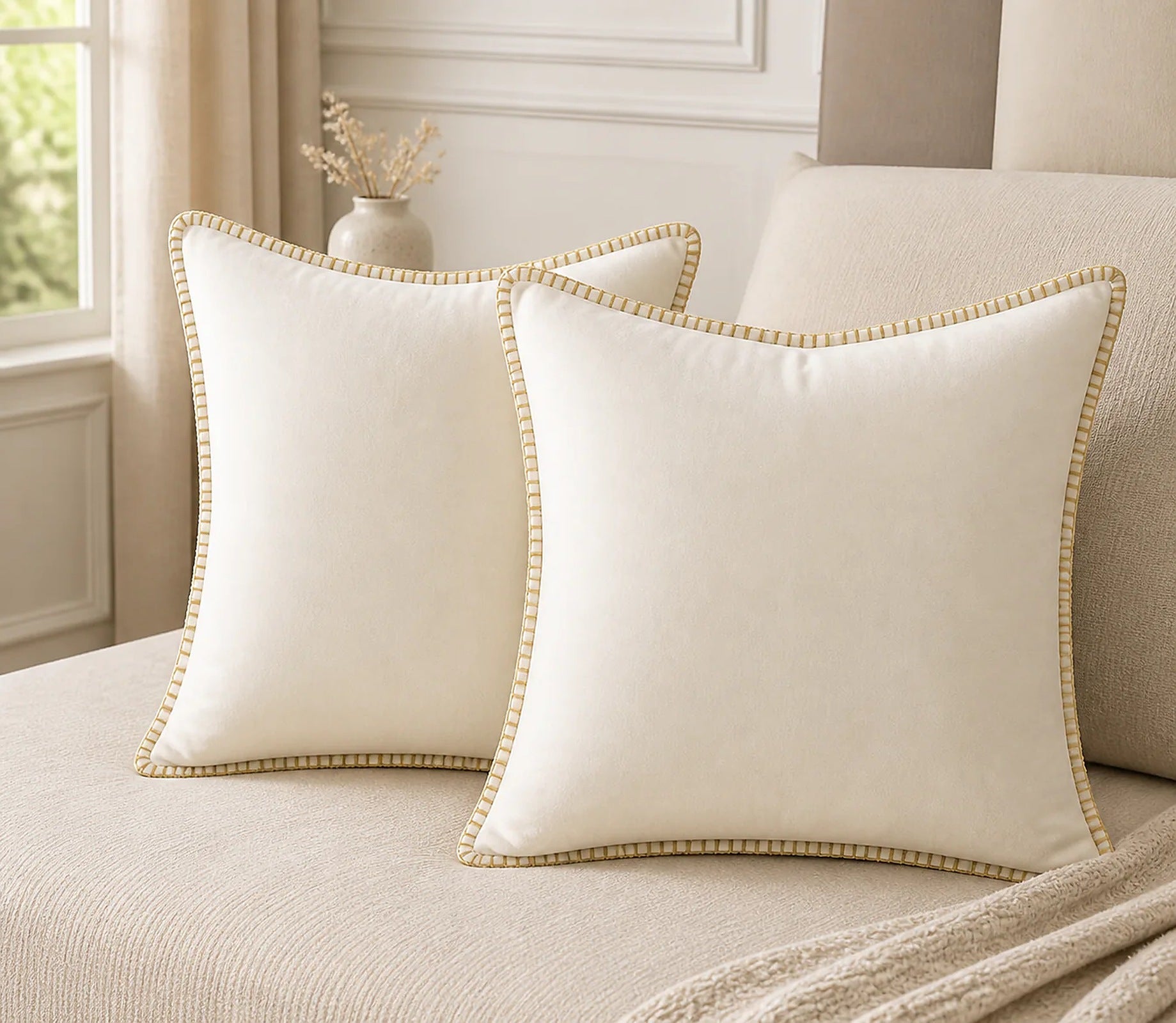 Cozy Haven Gold-Trim Velvet Pillow Covers - 2-Pack - 24 x 24 in (60 x 60 cm) / Cream White - 2 Pack