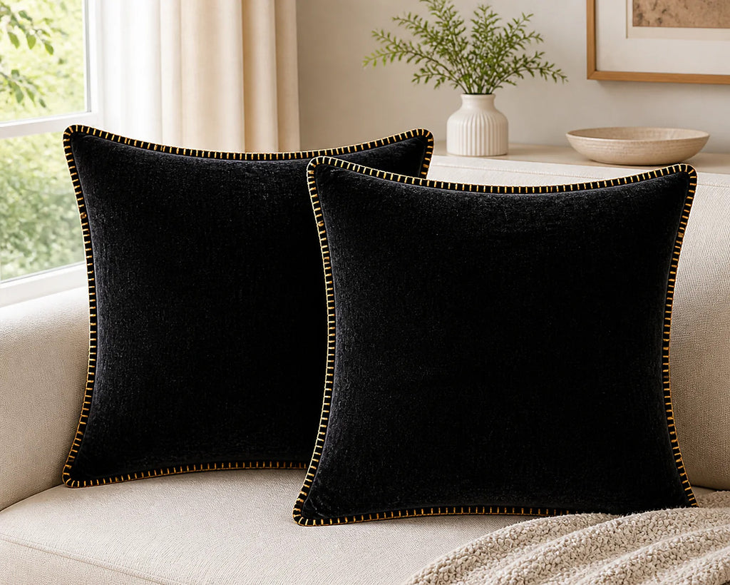 Cozy Haven Gold-Trim Velvet Pillow Covers - 2-Pack - 24 x 24 in (60 x 60 cm) / Black - 2 Pack