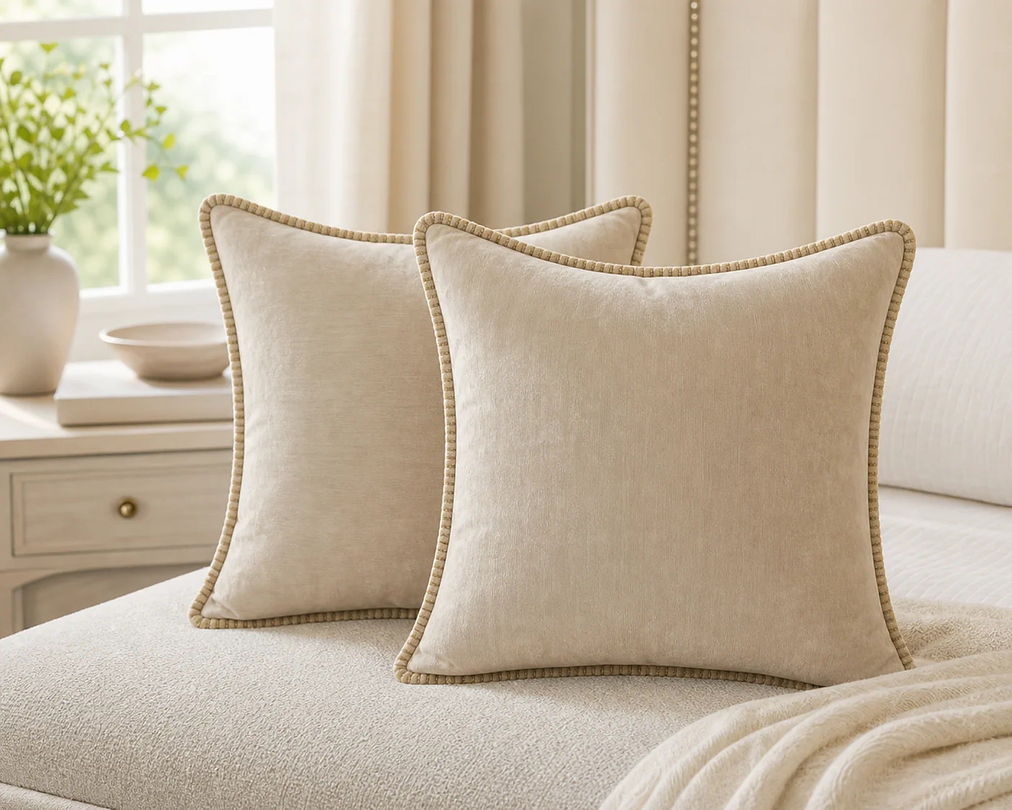 Cozy Haven Gold-Trim Velvet Pillow Covers - 2-Pack - 24 x 24 in (60 x 60 cm) / Beige - 2 Pack