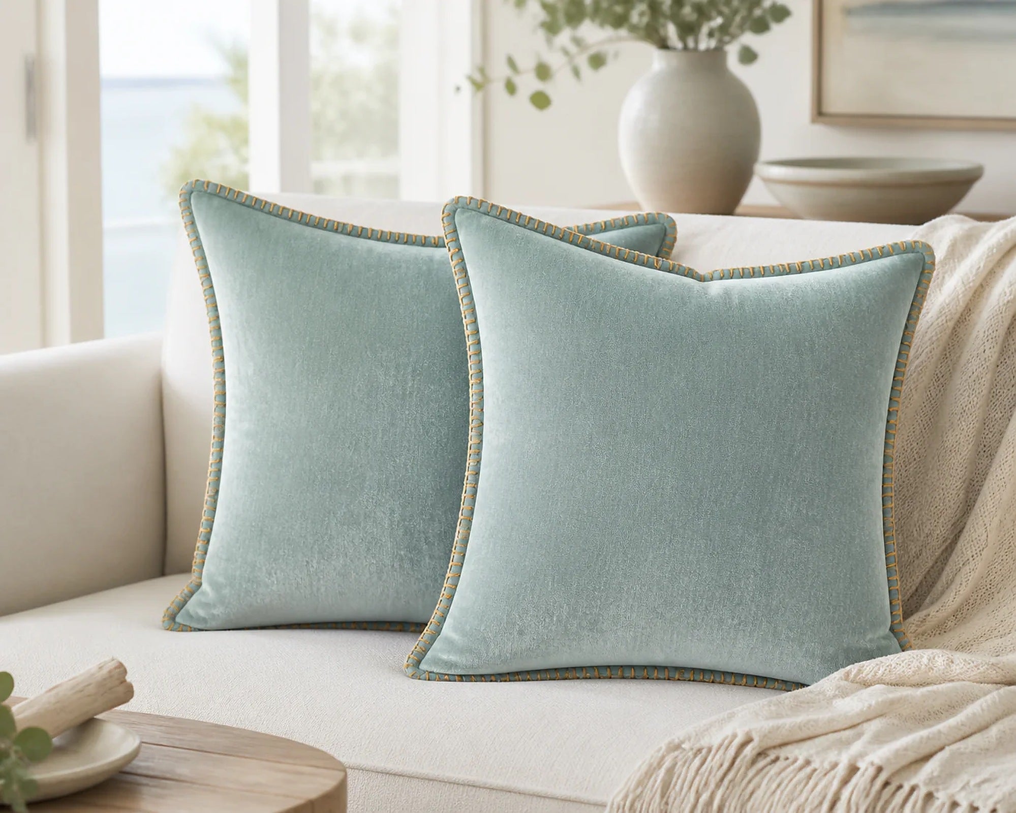 Cozy Haven Gold-Trim Velvet Pillow Covers - 2-Pack - 24 x 24 in (60 x 60 cm) / Mint Green - 2 Pack