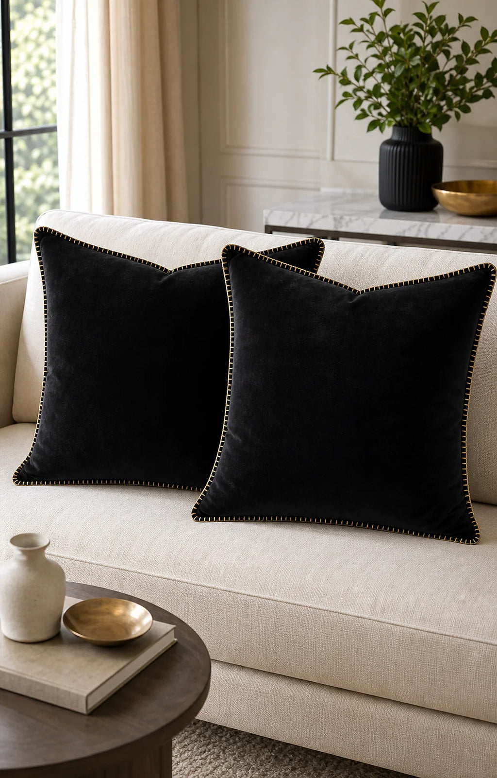 Cozy Haven Gold-Trim Velvet Pillow Covers - 2-Pack - 26 x 26 in (66 x 66 cm) / Black - 2 Pack