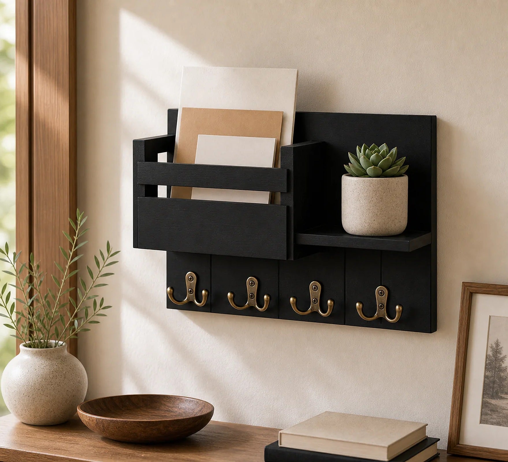 Cozy Haven Entryway First Impression Starter Bundle component: Wall-Mounted Mail and Key Holder with 6 Hooks