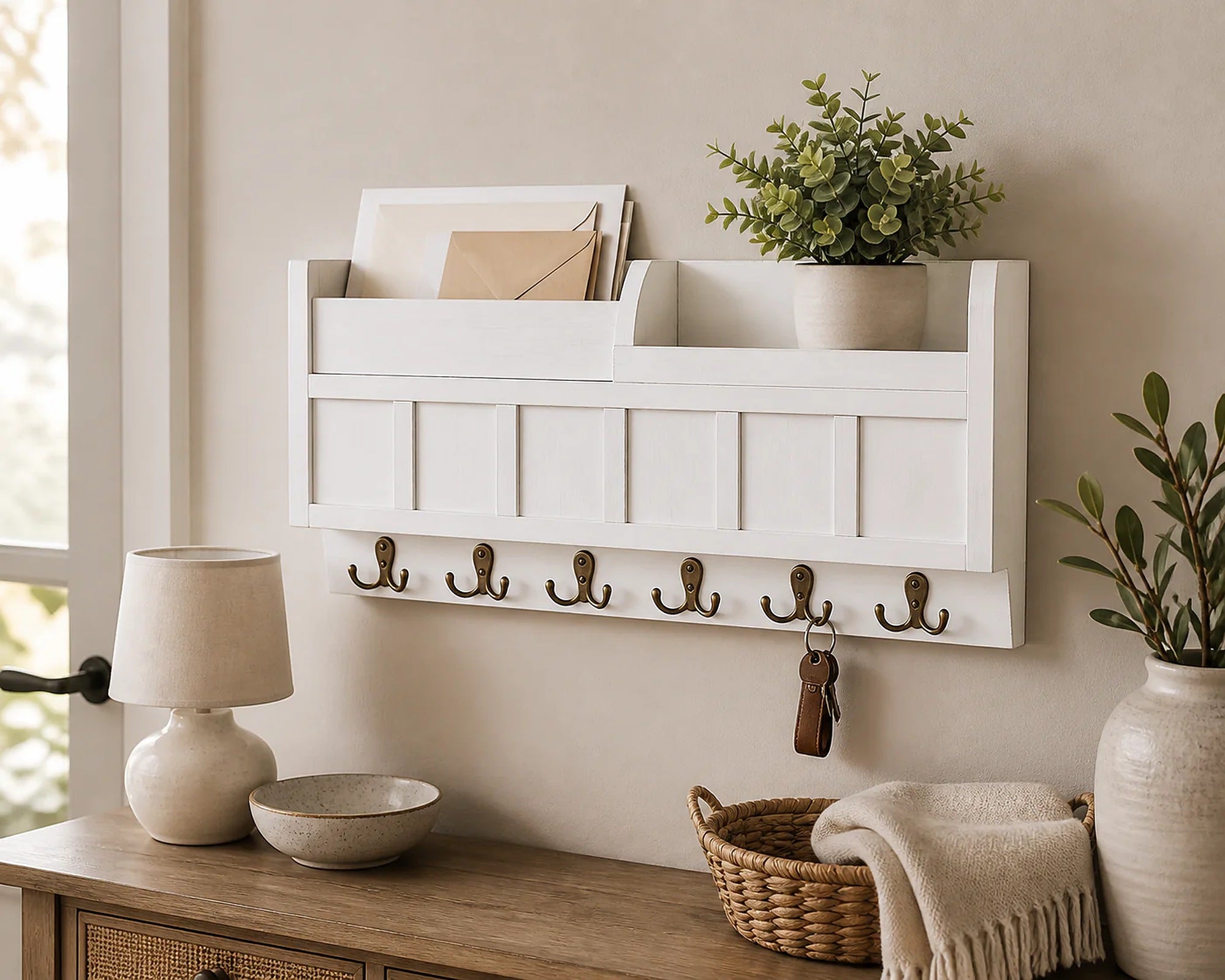 Cozy Haven Wall-Mounted Mail and Key Holder with 6 Hooks organized storage view 3 for White