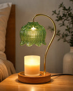 Cozy Haven Minimal Candle Warmer Lamp green petal shade bedroom view 4