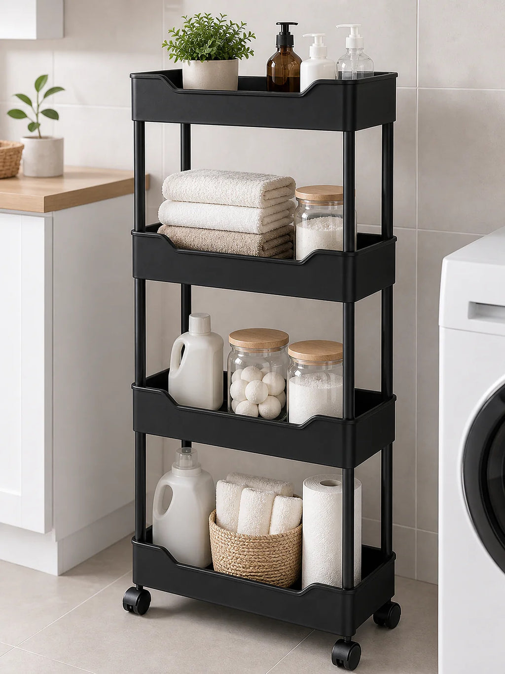 Cozy Haven Slim Rolling Storage Cart - 3/4 Tier lifestyle image 1 for 4-Tier Black (20 cm deep)
