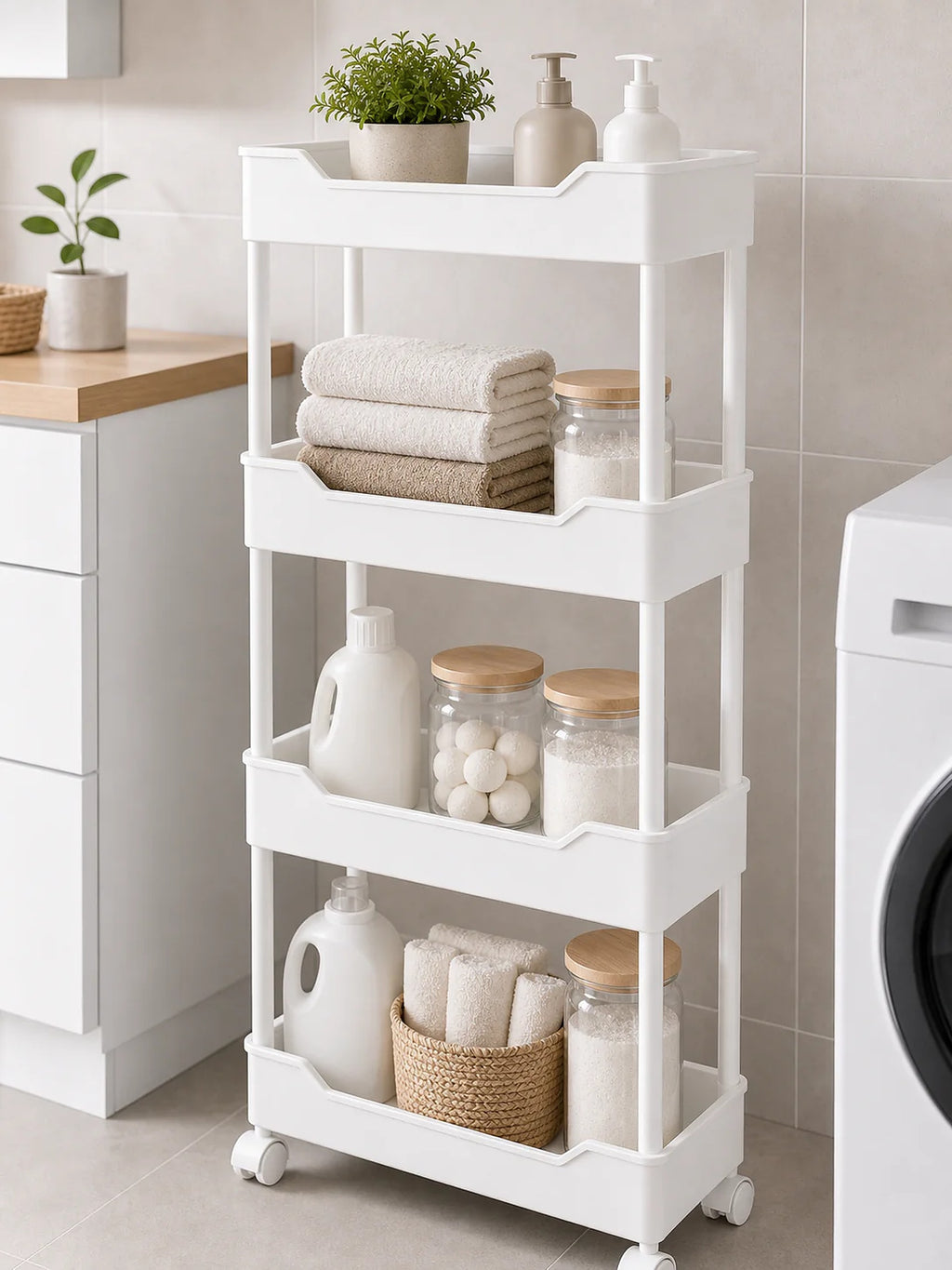 Cozy Haven Slim Rolling Storage Cart - 3/4 Tier lifestyle image 2 for 4-Tier White (20 cm deep)