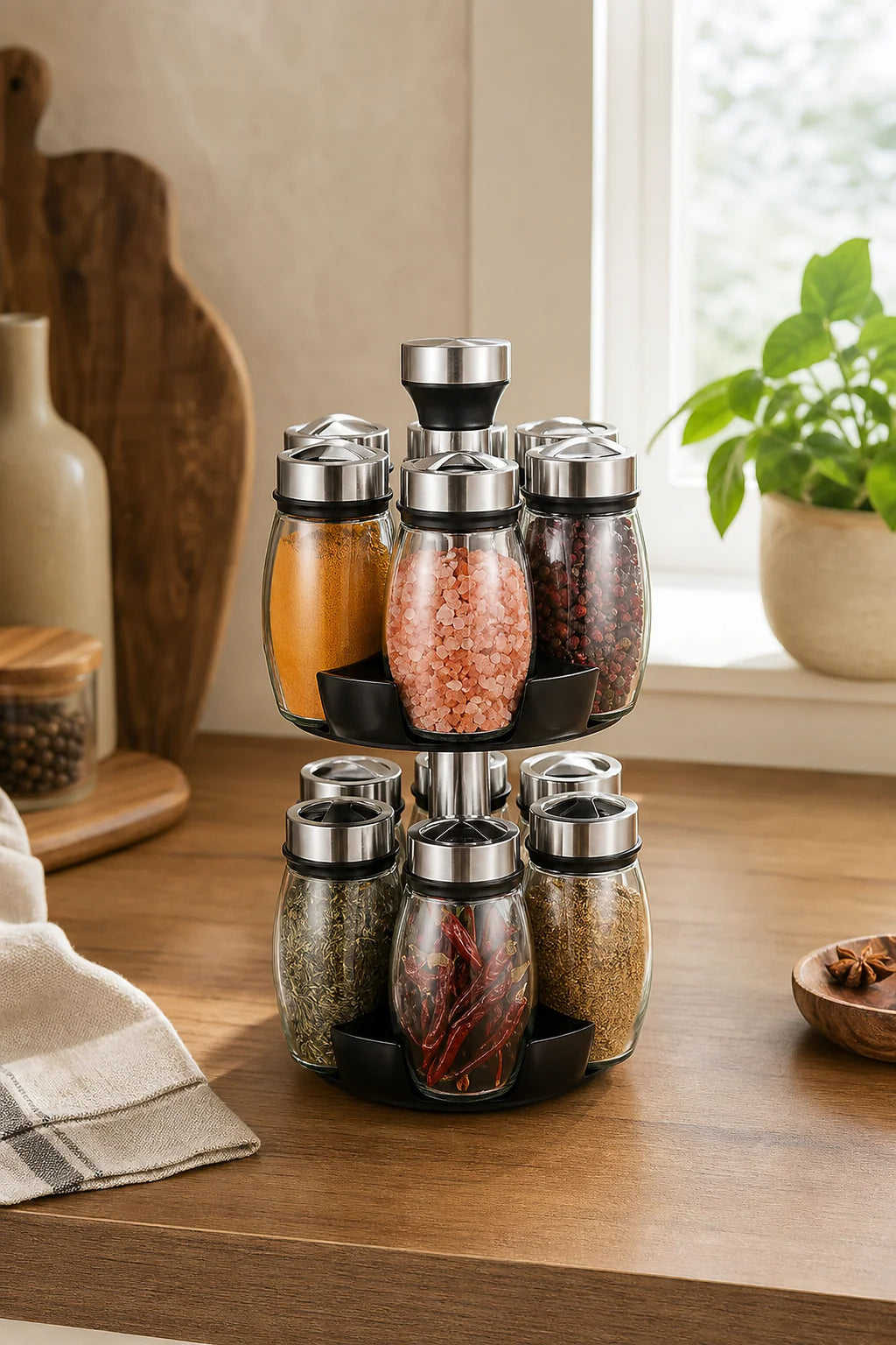 Cozy Haven Tiered Rotating Spice Organizer styled kitchen view 1