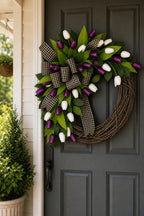 Cozy Haven Tulip Spring Door Wreath styled home view 4