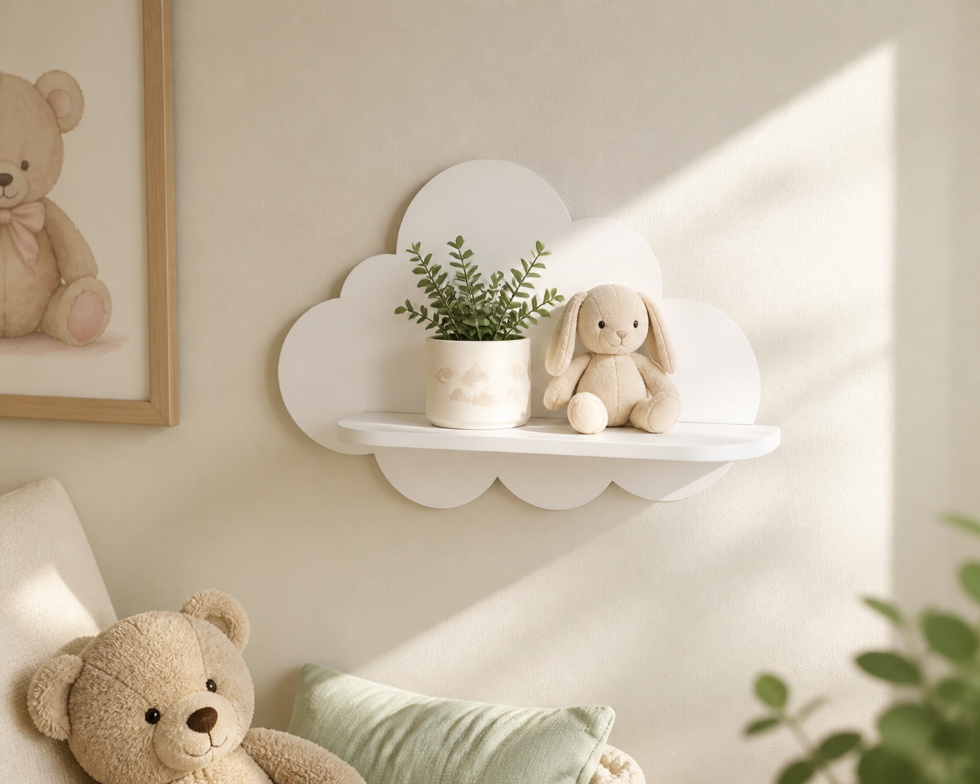 Cozy Haven White Cloud Wall Shelf - Single white cloud wall shelf with small plant