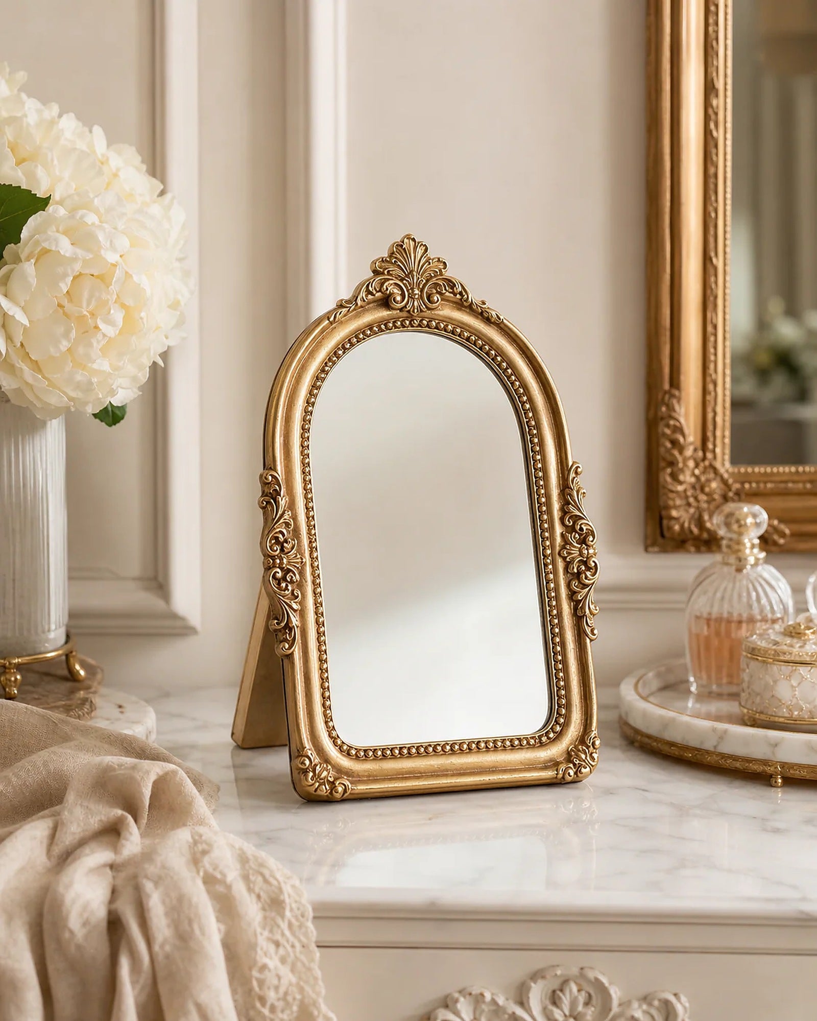 Cozy Haven gold arched vanity mirror with rear stand