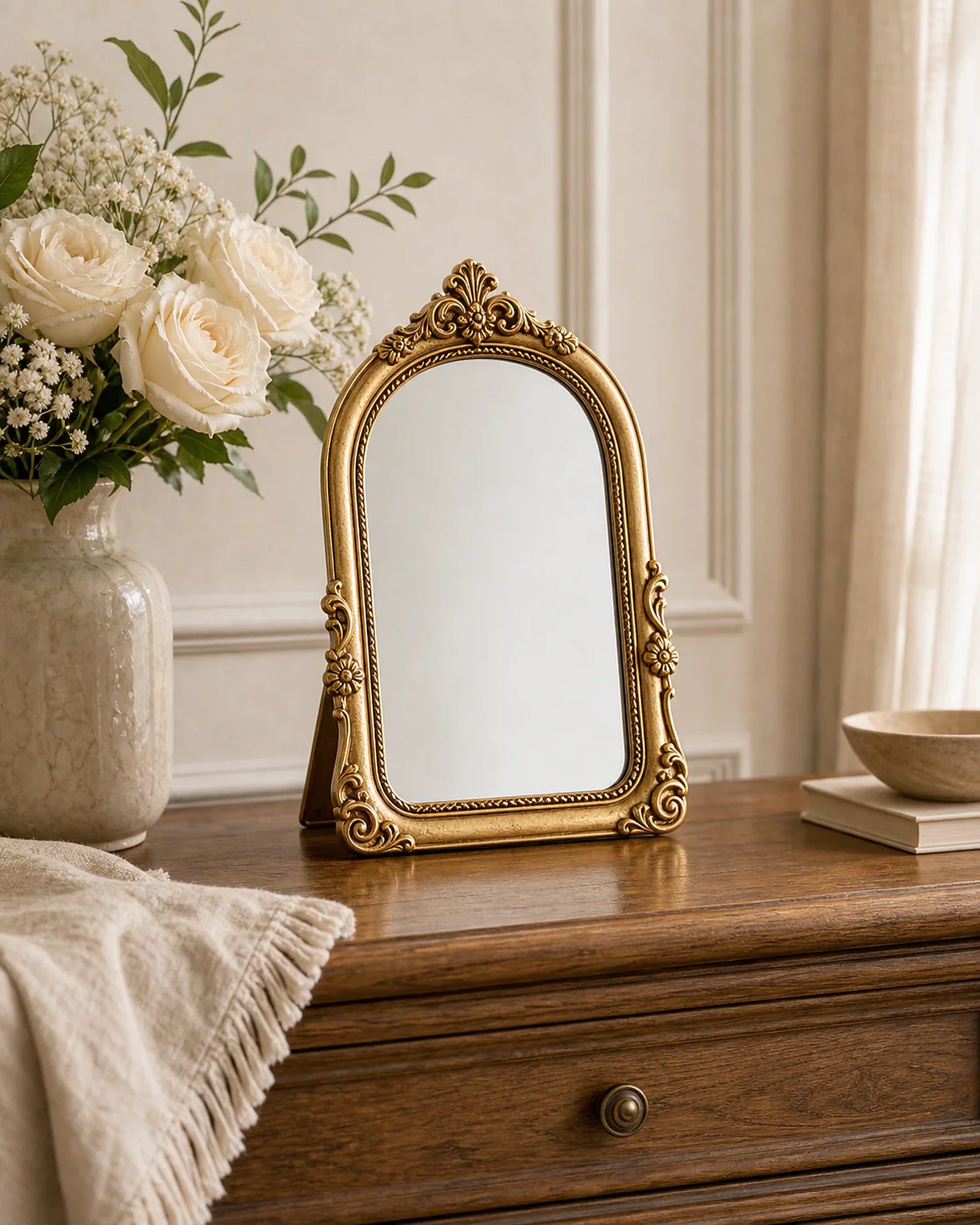 Cozy Haven vintage gold tabletop arched mirror on dresser