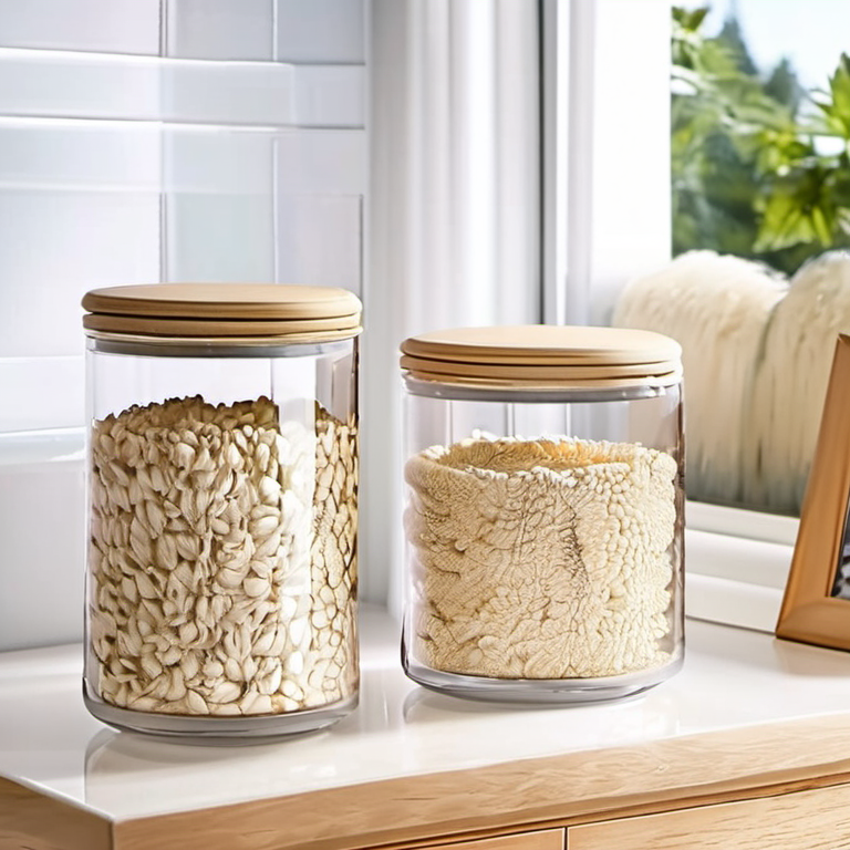 Cozy Haven countertop close lifestyle image for Cozy Haven Ribbed Glass Bathroom Countertop Canister Set