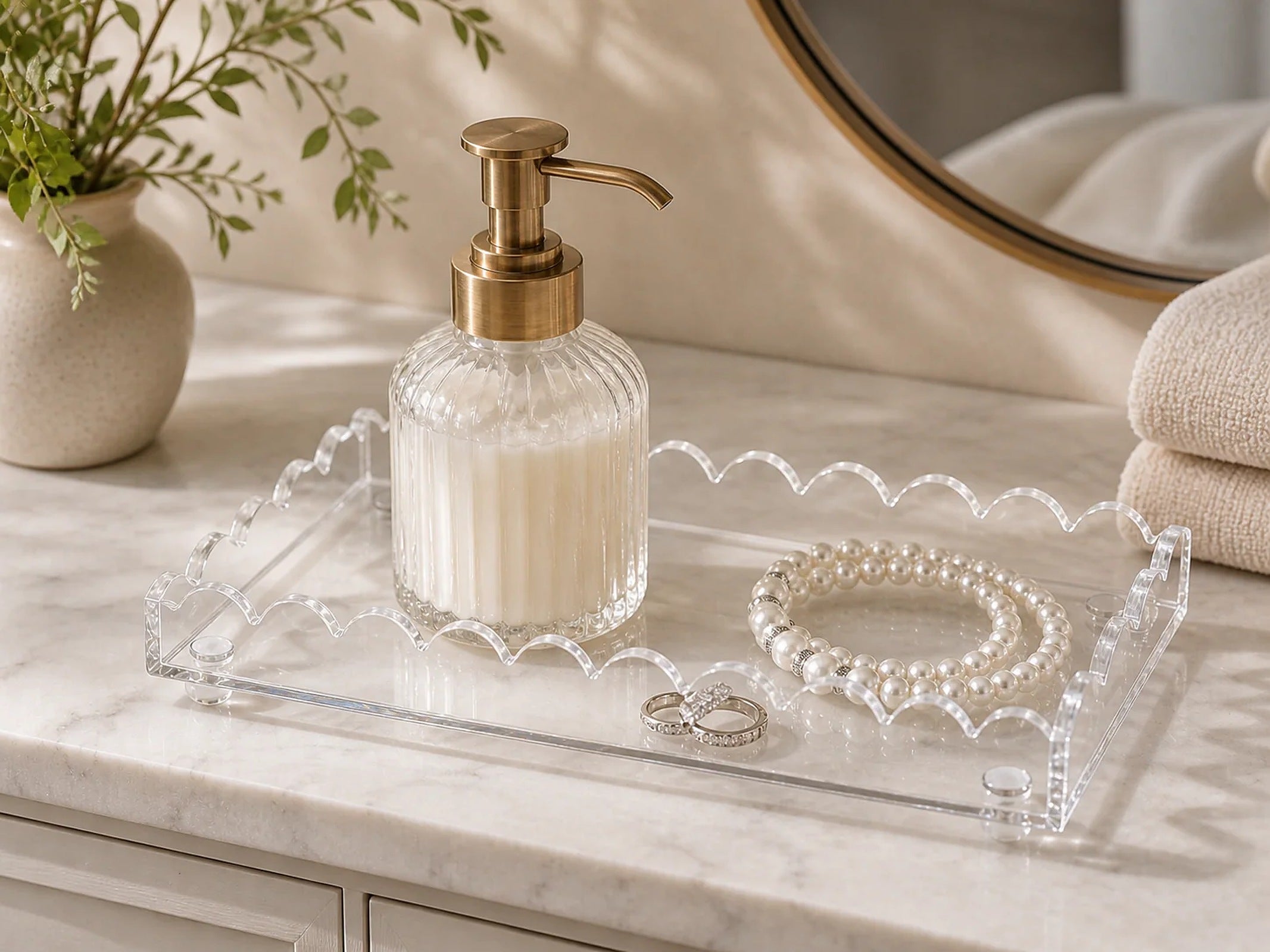 Cozy Haven Bathroom Countertop Calm Starter Bundle component: Clear Acrylic Scalloped Vanity Tray