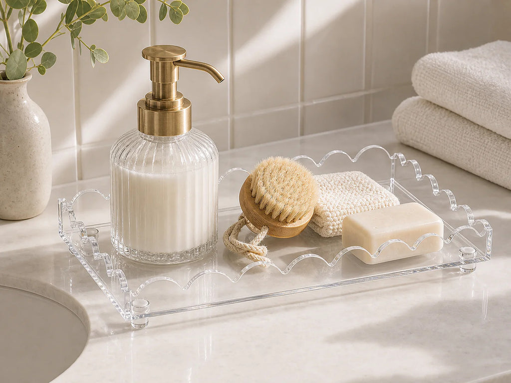 Cozy Haven Clear Acrylic Scalloped Vanity Tray styled bathroom view 2
