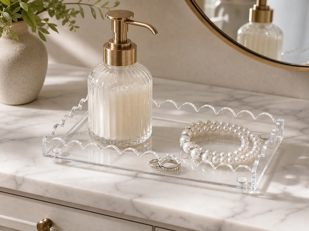 Cozy Haven Clear Acrylic Scalloped Vanity Tray styled bathroom view 3
