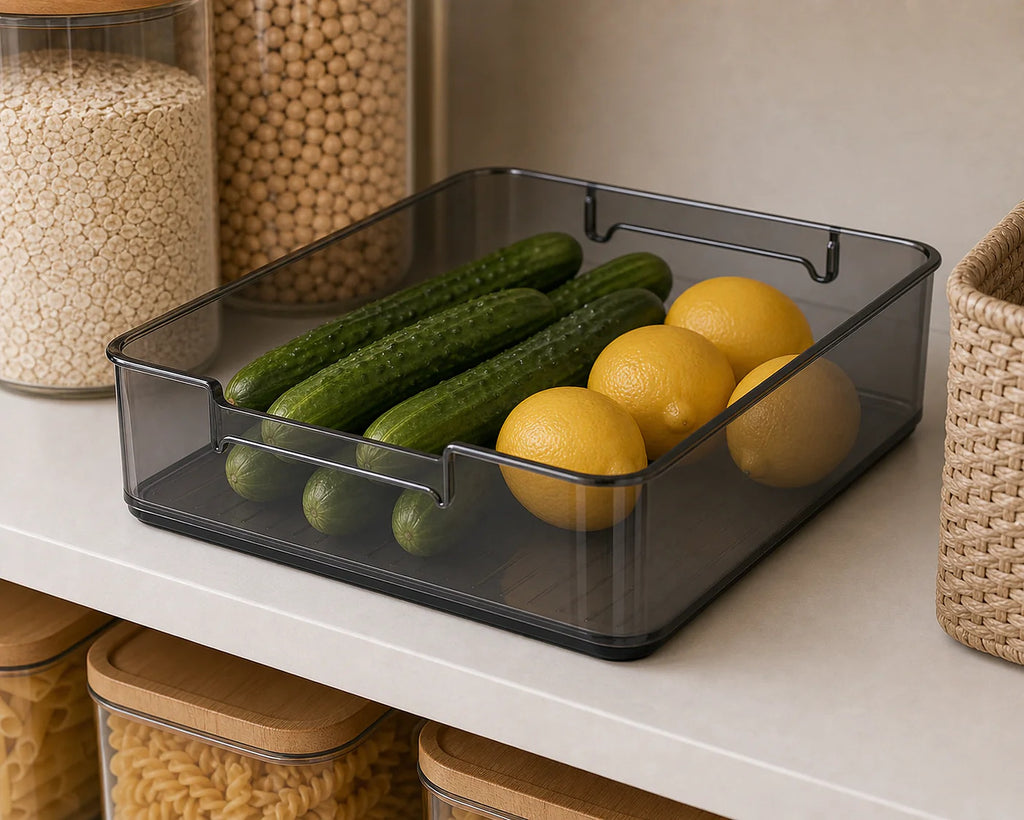 Cozy Haven Clear Stackable Pantry Bin styled kitchen view 5 for 31.5 x 21.5 x 9 cm