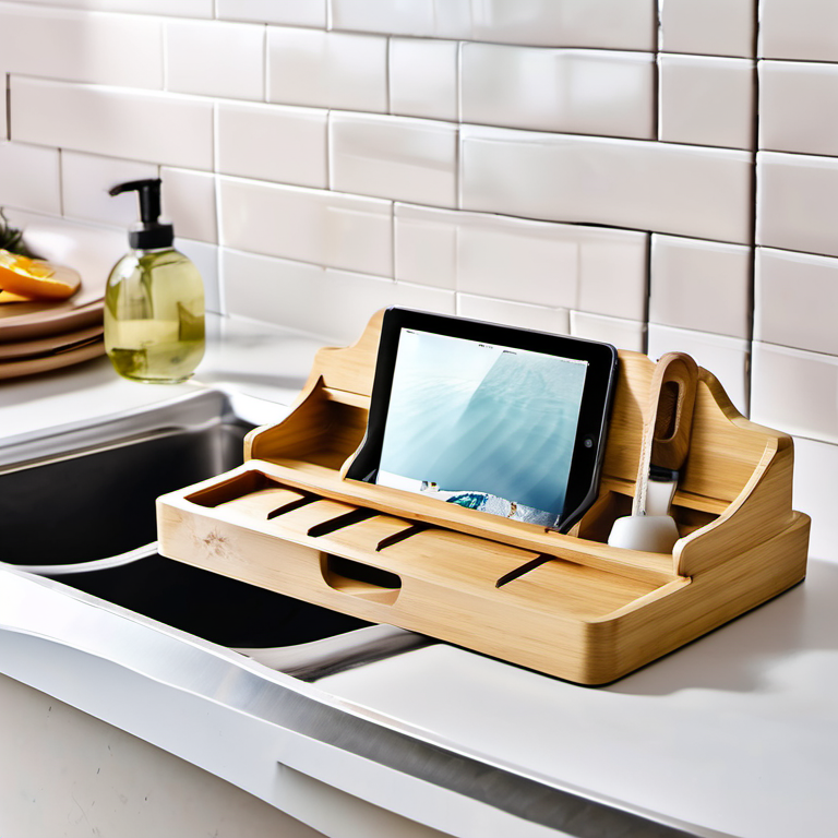 Cozy Haven open shelf lifestyle image for Cozy Haven Bamboo Kitchen Sink Caddy
