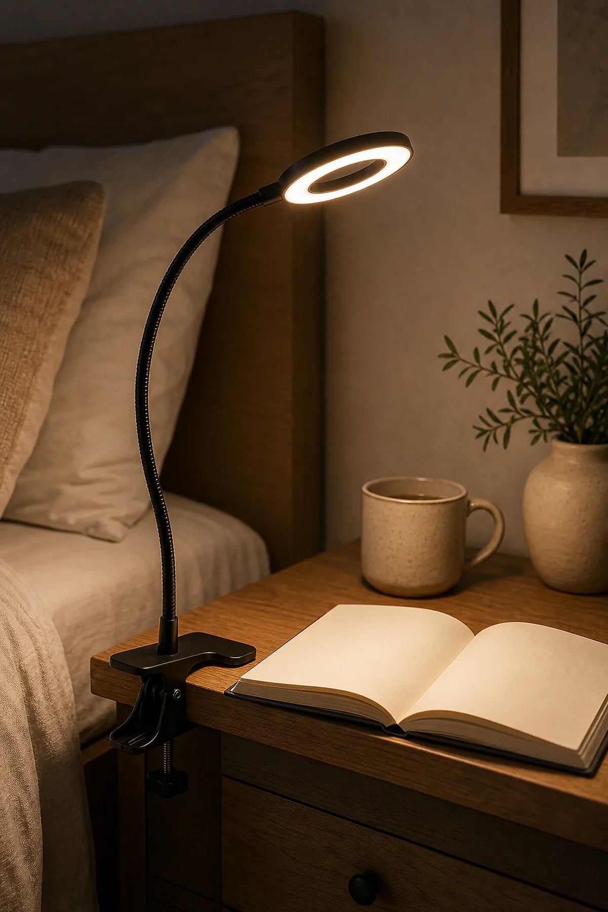 Cozy Haven Clip-On LED Clamp Desk Lamp styled in a home setting