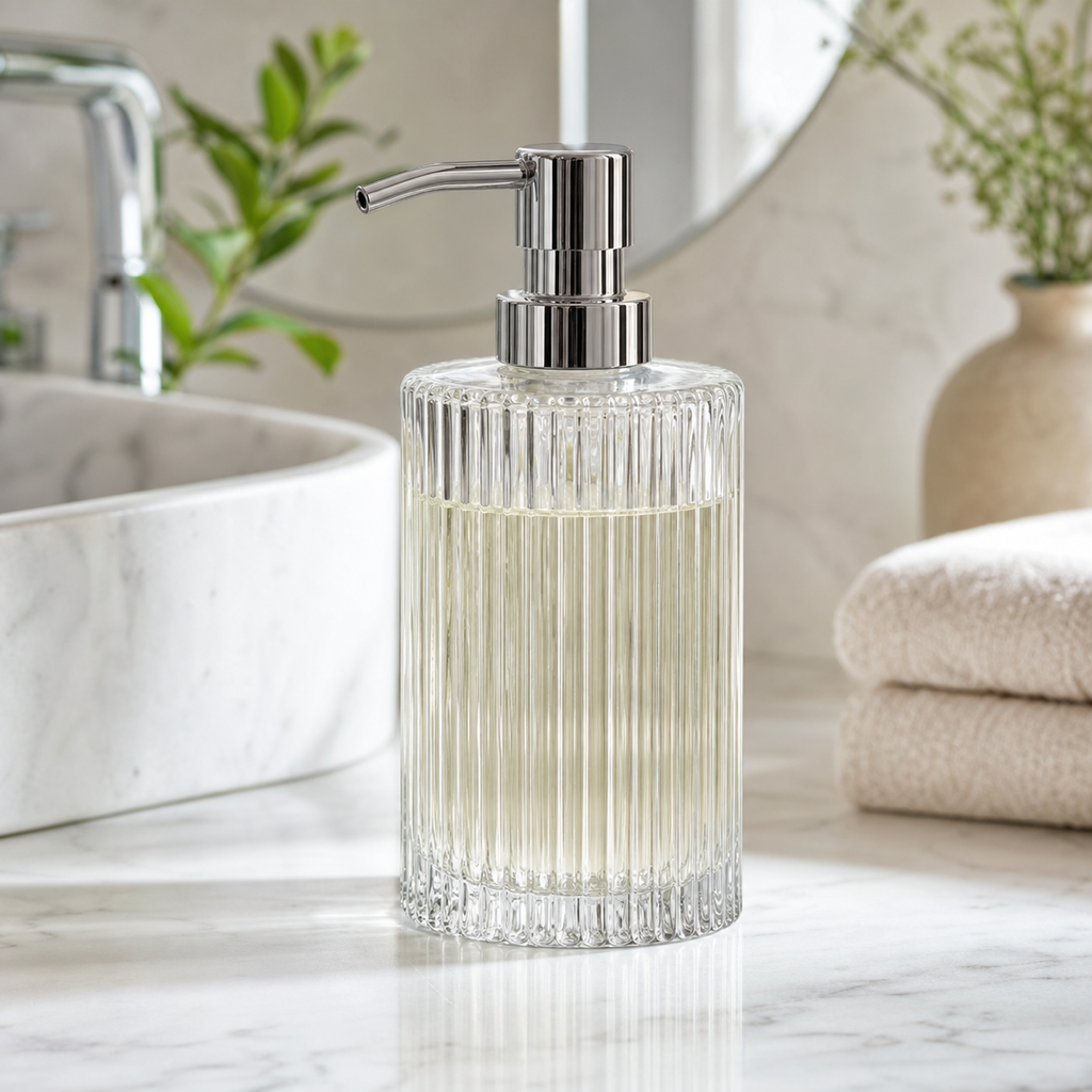 Cozy Haven clear ribbed glass soap dispenser on a bathroom vanity