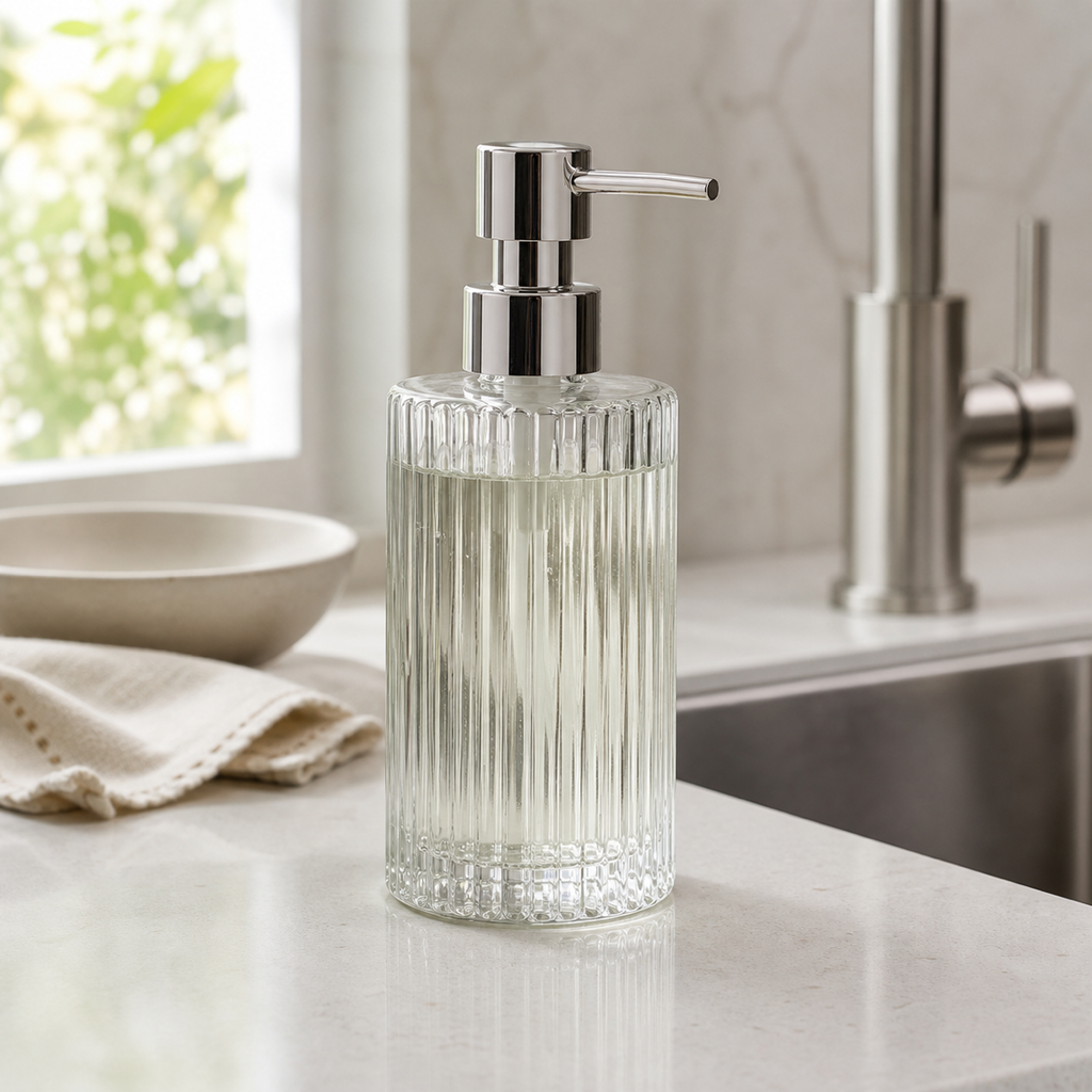 Cozy Haven clear ribbed glass soap dispenser on a kitchen sink