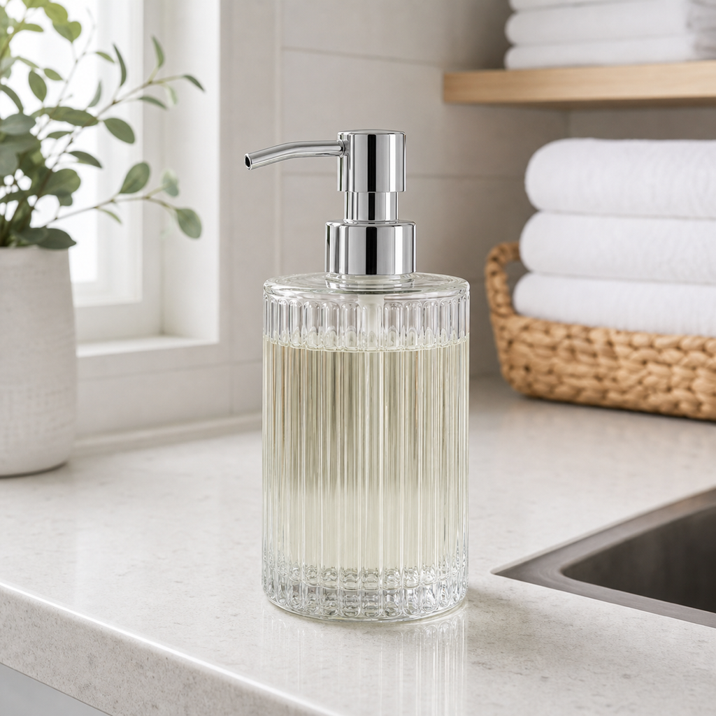 Cozy Haven clear ribbed glass soap dispenser on a laundry counter